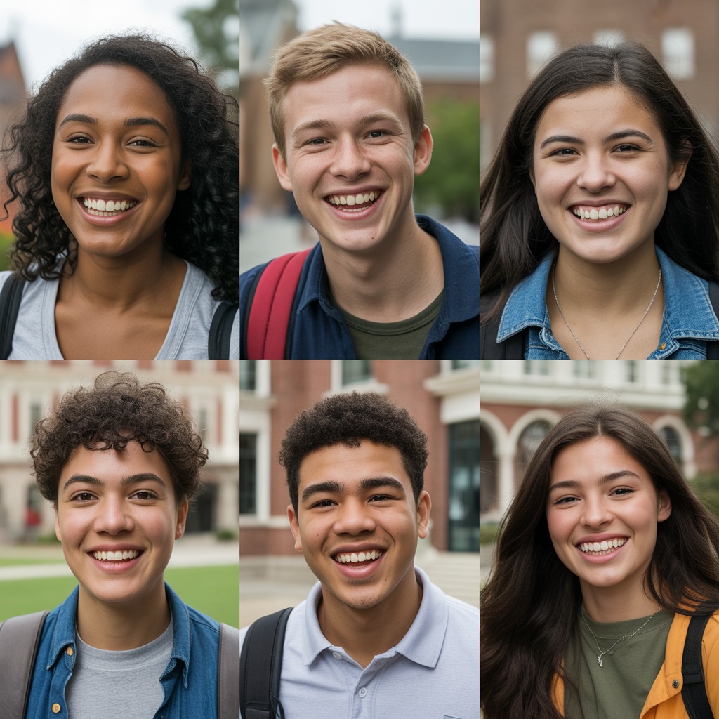 Diverse college students with bright smiles and hopeful expressions