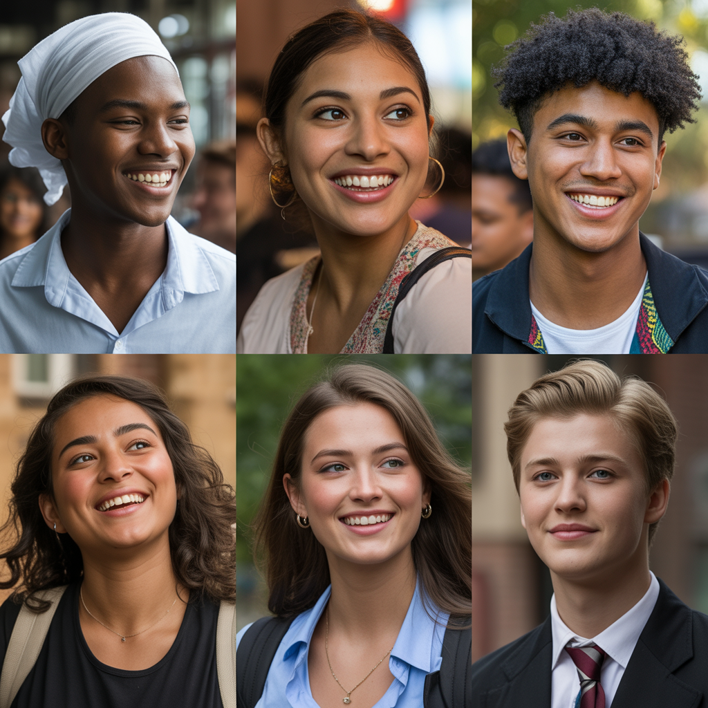 Students from diverse cultural backgrounds smiling confidently