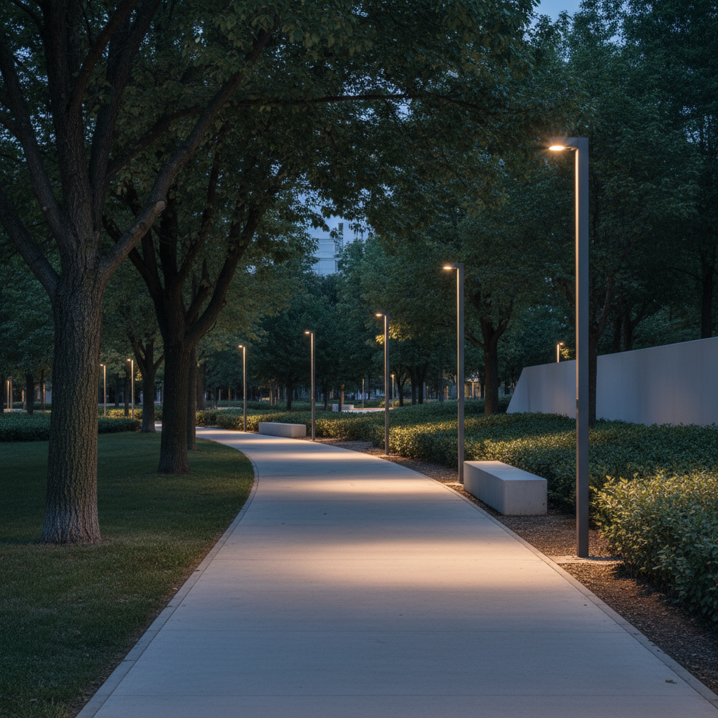 Cidade iluminada noturna com projeto urbano que destaca a harmonia entre arte e natureza.