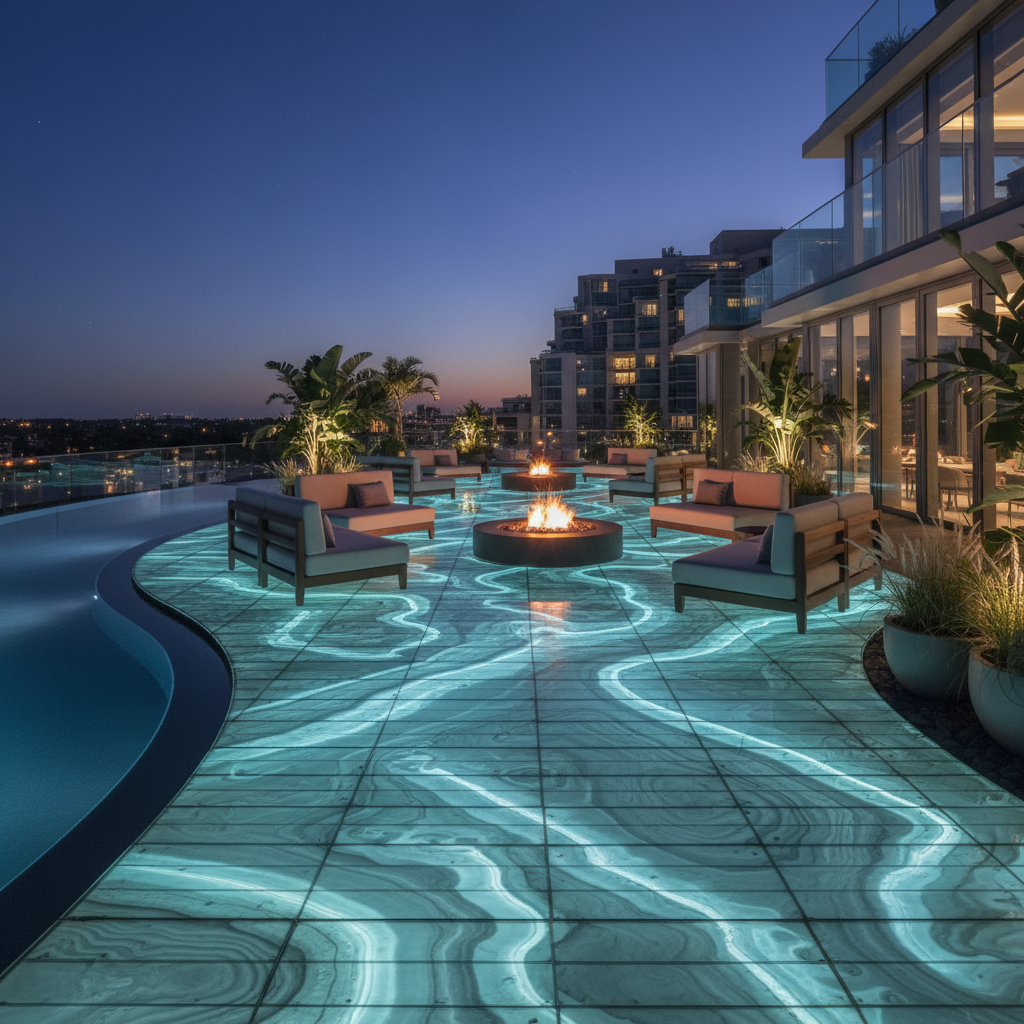 Residência de alto padrão com paisagismo usando materiais bioluminescentes.
