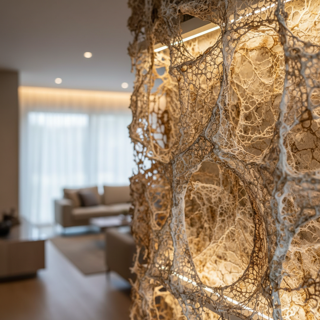 Painéis de mycelium em detalhe: arquitetura contemporânea com valor estético.