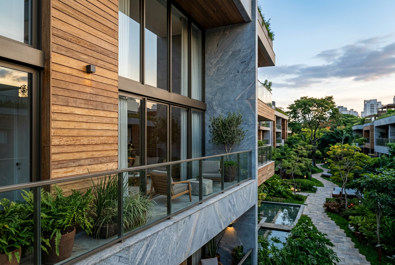 Arquitetura de conexões: detalhe de acabamentos nobres e contemporâneos.