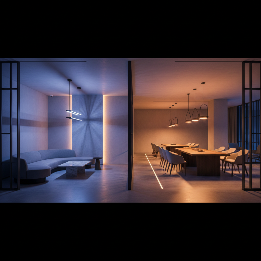 Vista externa de espaço urbano interativo com iluminação dinâmica e envolvente.