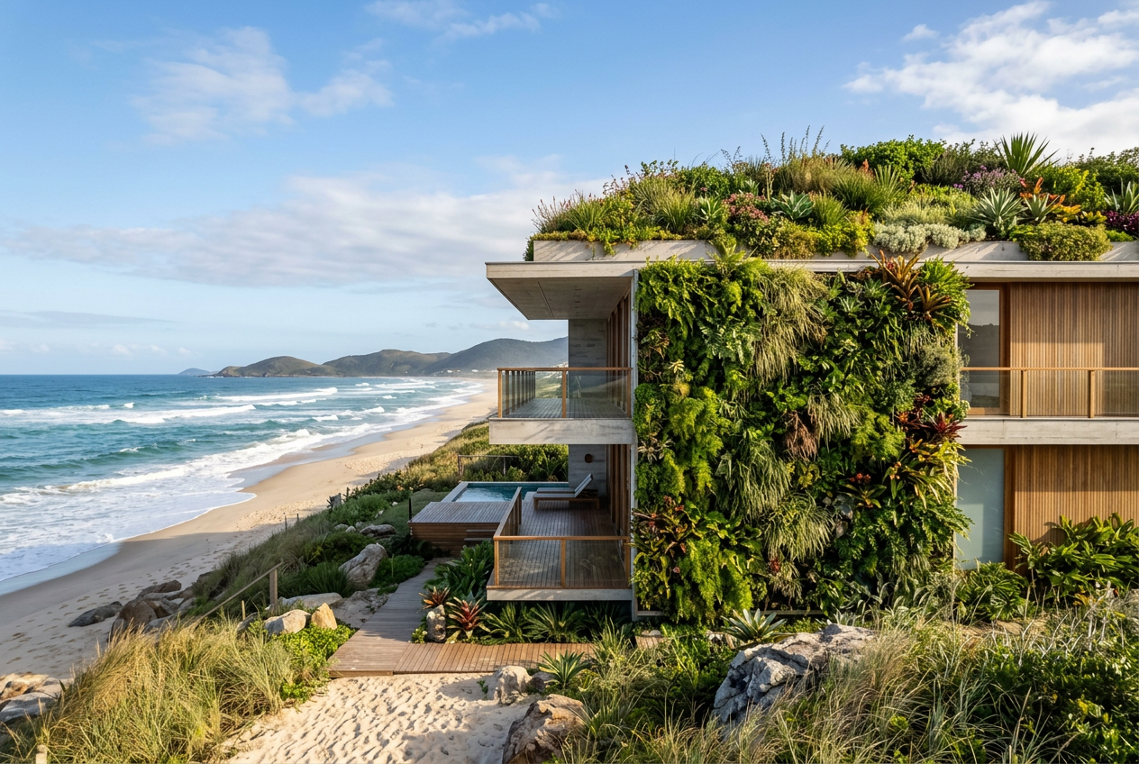 Arquitetura sustentável em regiões costeiras com telhado verde integrado ao paisagismo.