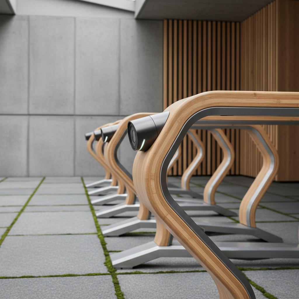 Detalhe de design minimalista em estacionamento de bicicletas e patinetes sustentáveis.