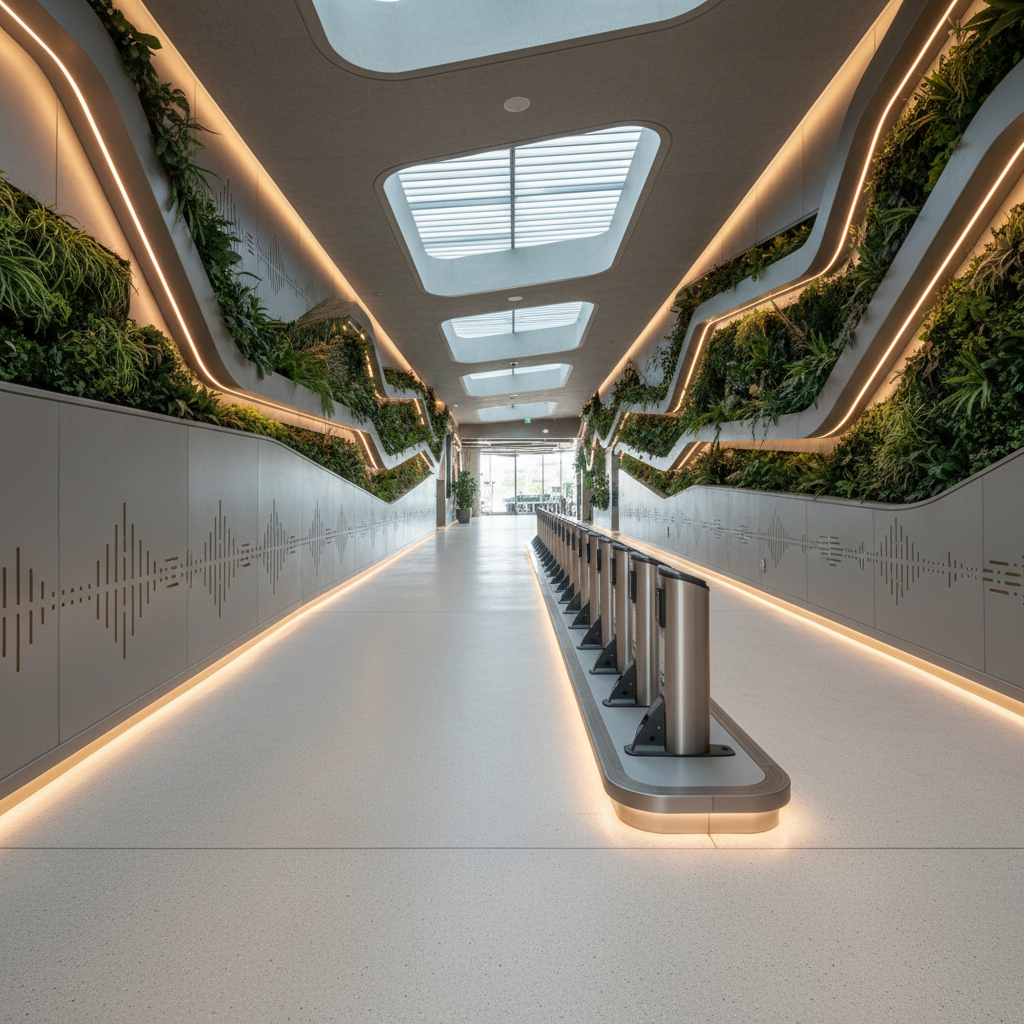 Paisagismo integrado em edificação com espaços de micro-mobilidade ecológicos.