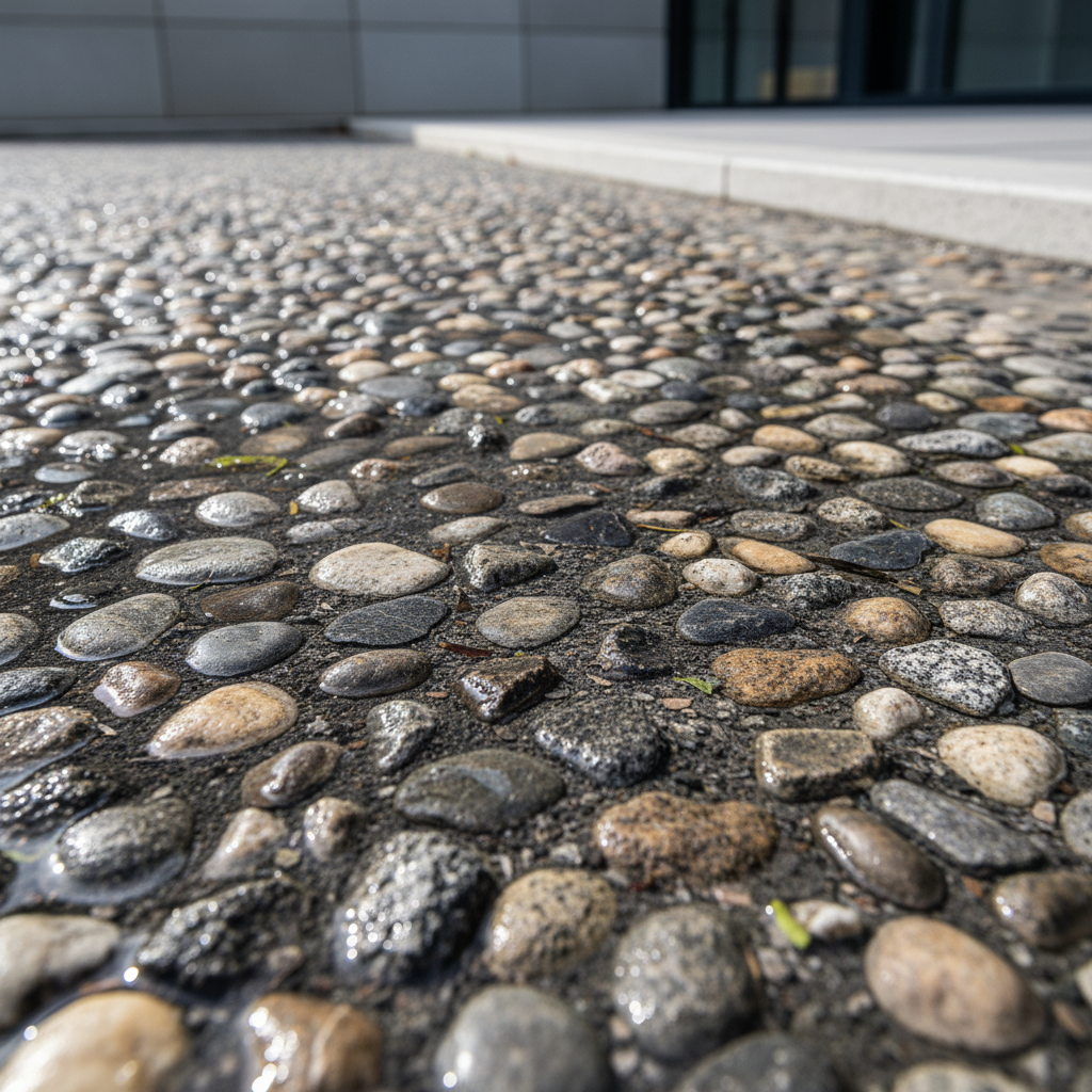 Detalhe de pavimento sustentável com pedras integradas ao design urbano.