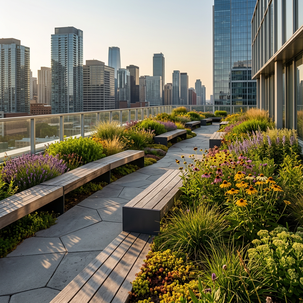 Vista de edifício sustentável com paisagismo que promove microclima.
