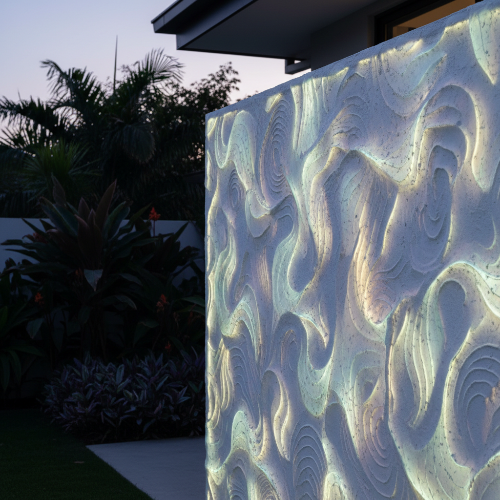 Superfície bioluminescente em detalhe arquitetônico sofisticado.