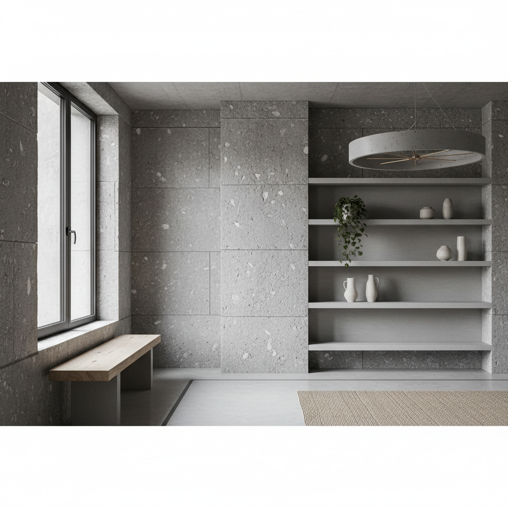 Habitação acessível com design sustentável e integração paisagística.