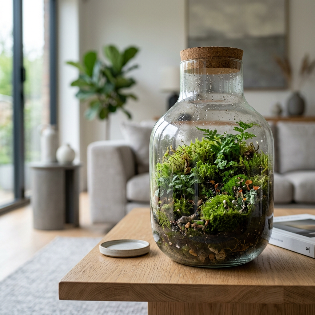 Detalhe de interiores biológicos com uma parede viva de musgos e plantas.