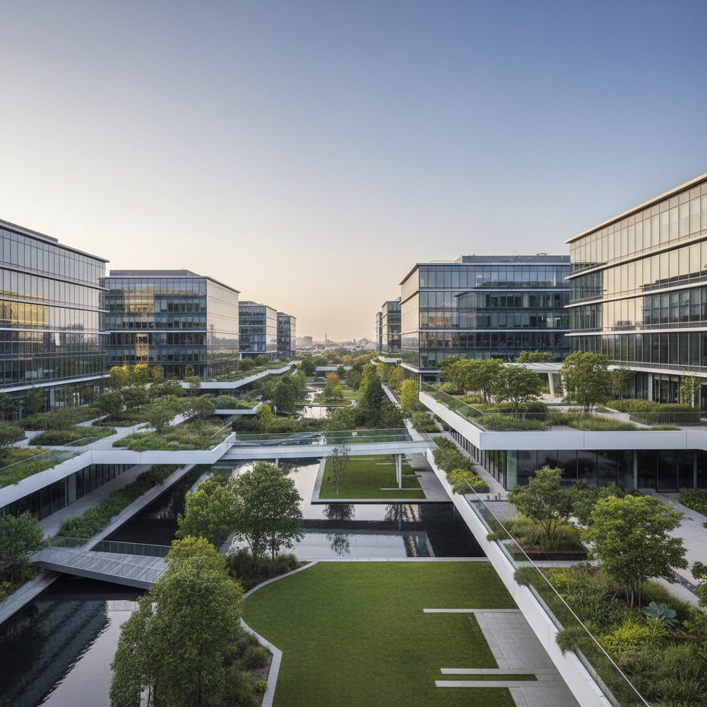 Espaços urbanos inteligentes com jardins verticais e integração paisagística.