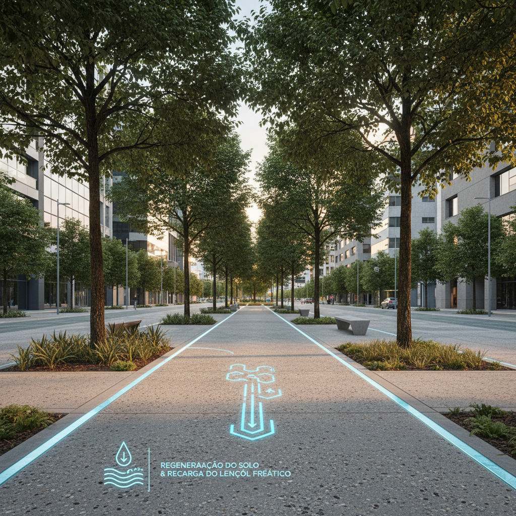 Ambiente urbano moderno com pavimentos permeáveis e paisagismo sofisticado.