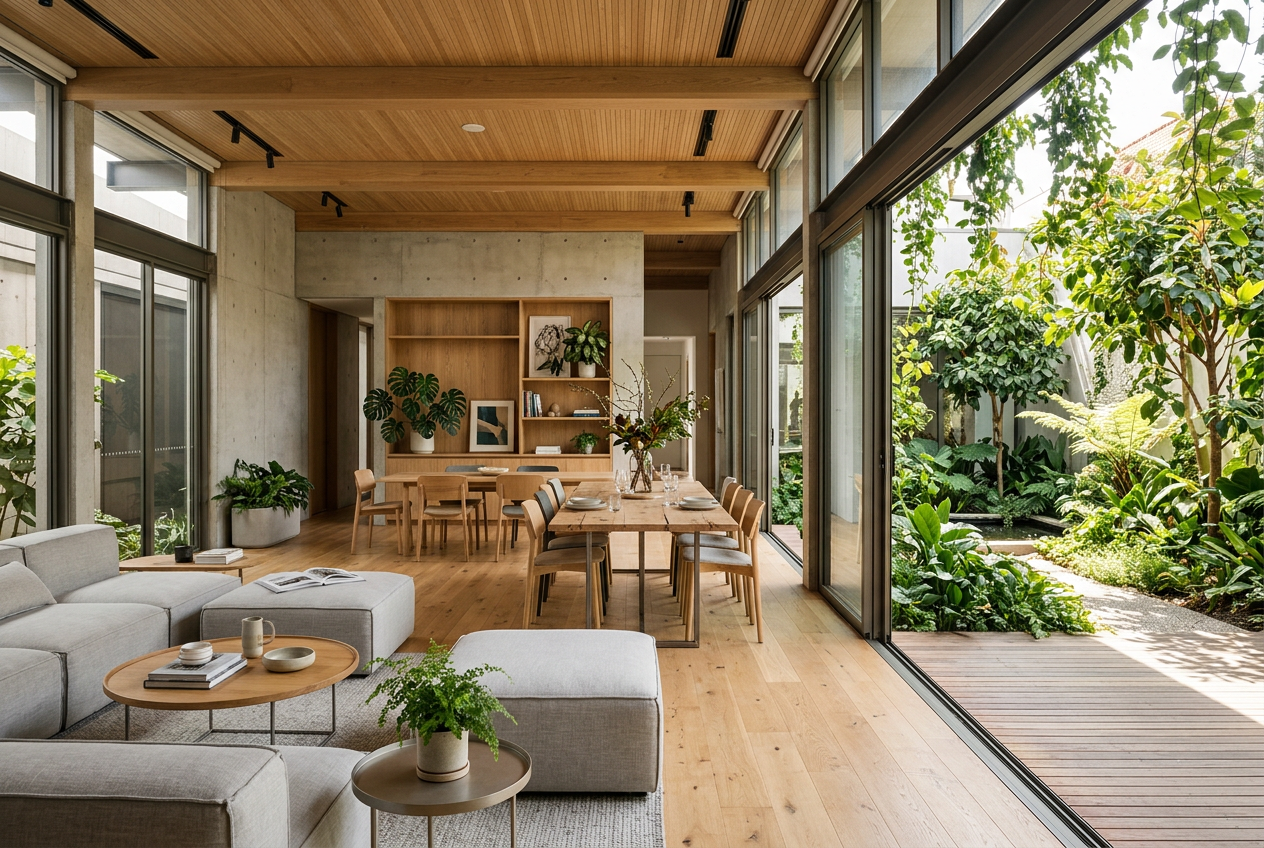 Arquitetura de conexões: área externa com integração de paisagismo e convivência.