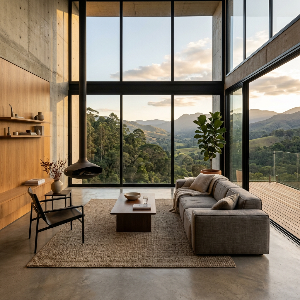 Exterior de refúgio sustentável com paisagismo e brises solares integrados.