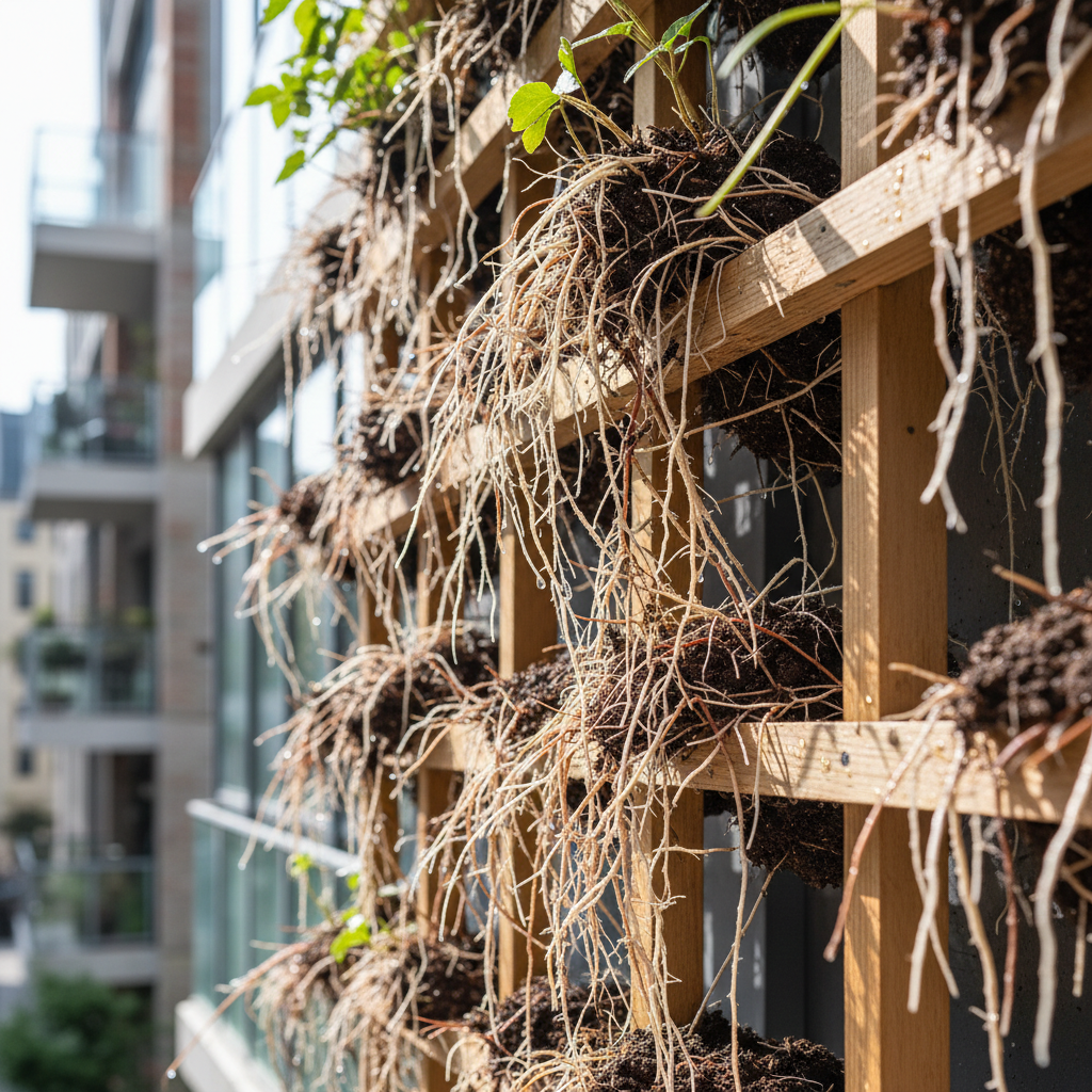 Cultivo vertical com materiais sustentáveis e modernos.