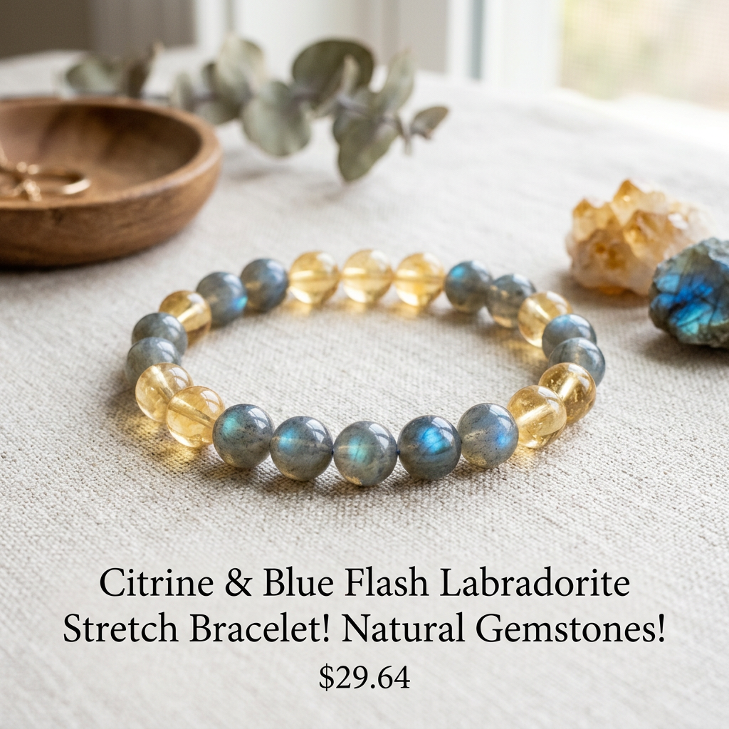 Citrine & Blue Flash Labradorite Stretch Bracelet! Natural Gemstones!
