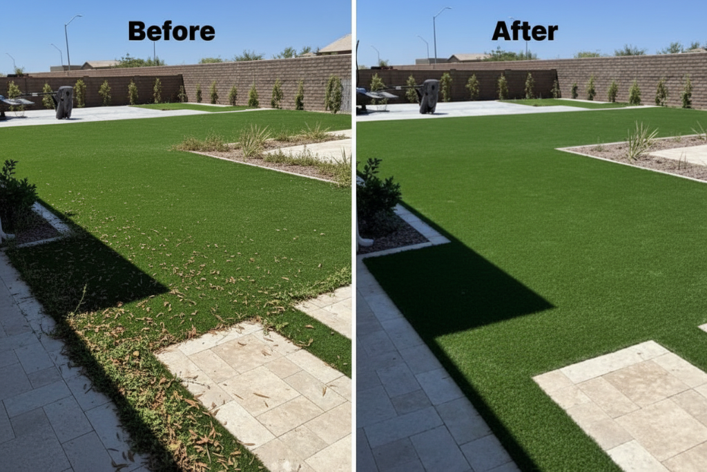 Before and after comparison of professional artificial turf cleaning showing dramatic transformation