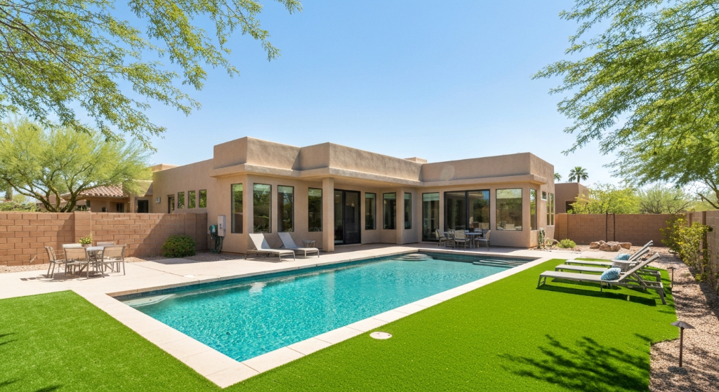 Turf Man van with client in a backyard with pool and turf