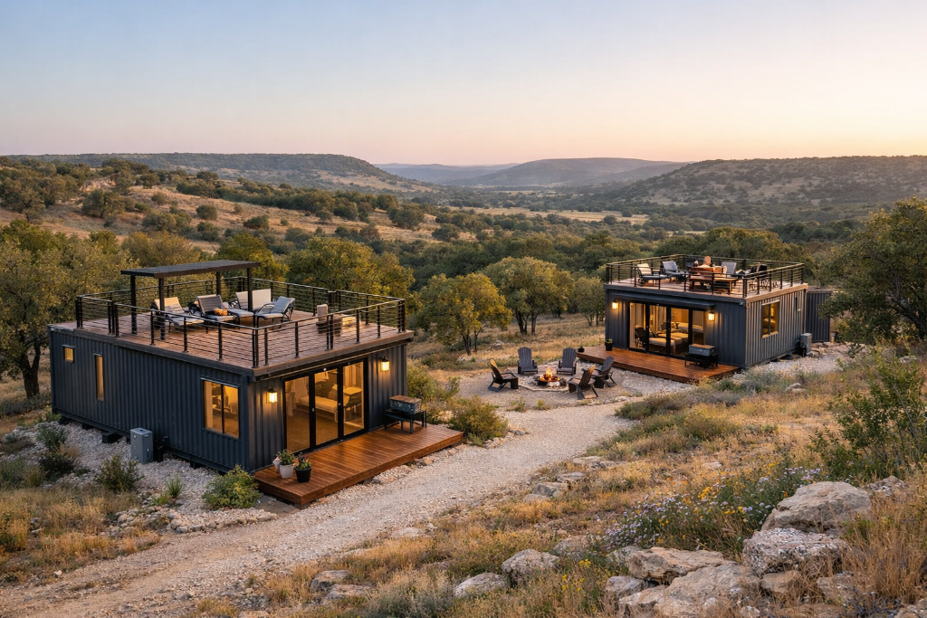 Container homes on land background