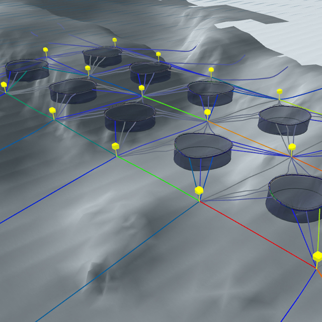 3D simulation of aquaculture fish farm grid mooring layout