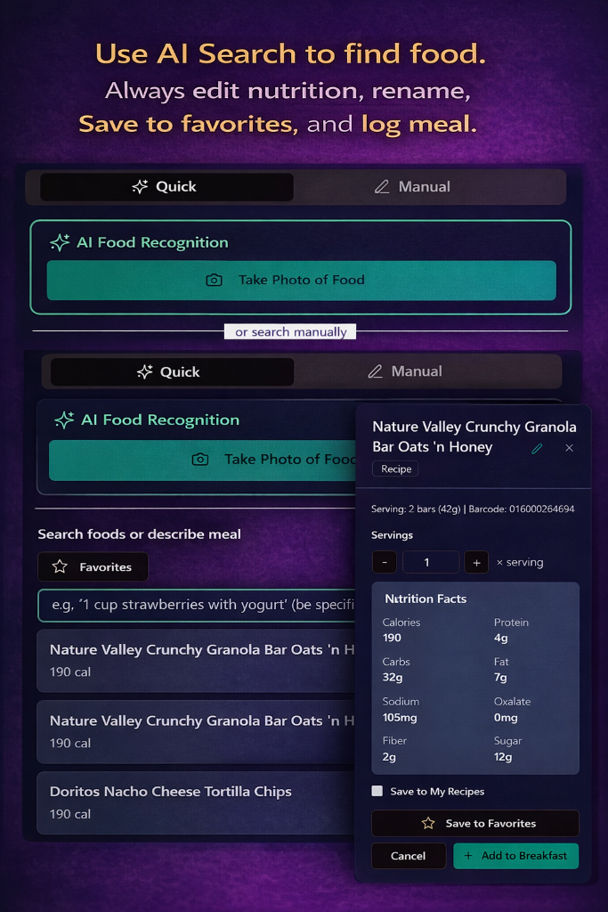 Use AI Search to find food with AI Food Recognition and manual search options