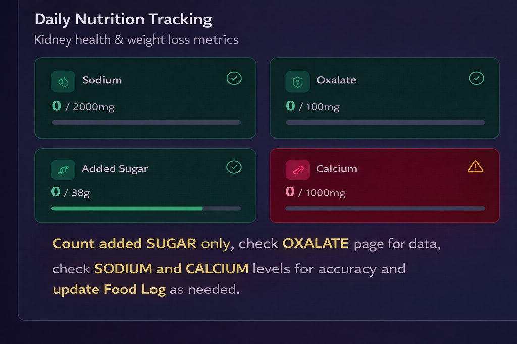 Daily Nutrition Tracking dashboard showing sodium, oxalate, added sugar, and calcium metrics