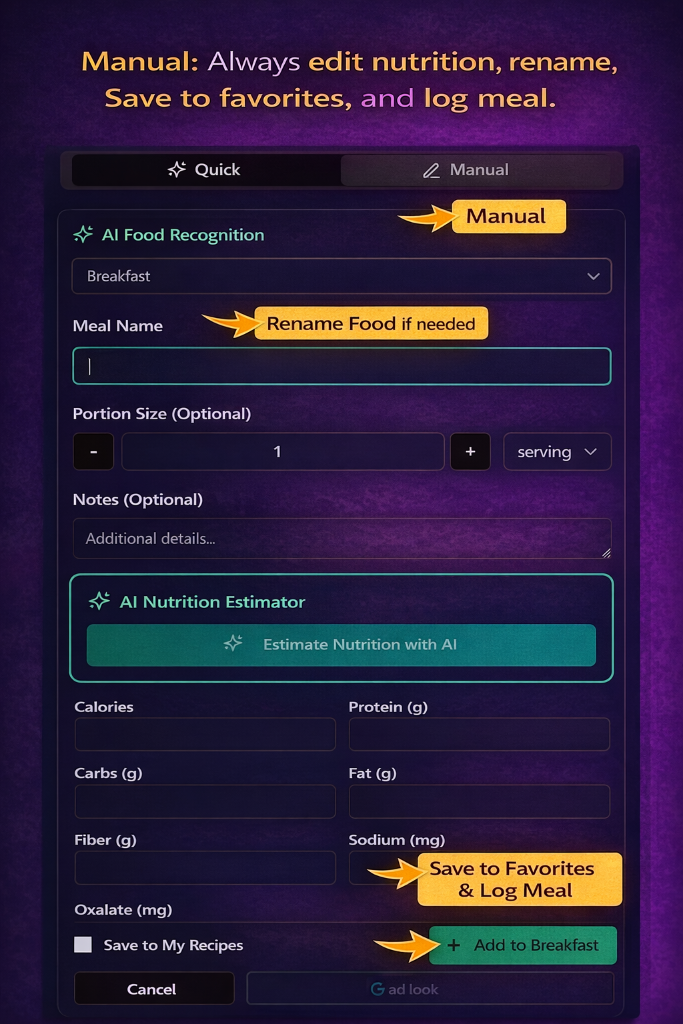 Manual food entry interface with AI Nutrition Estimator