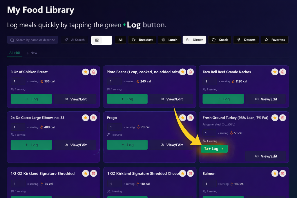 Log meals quickly from My Food Library using the green Log button