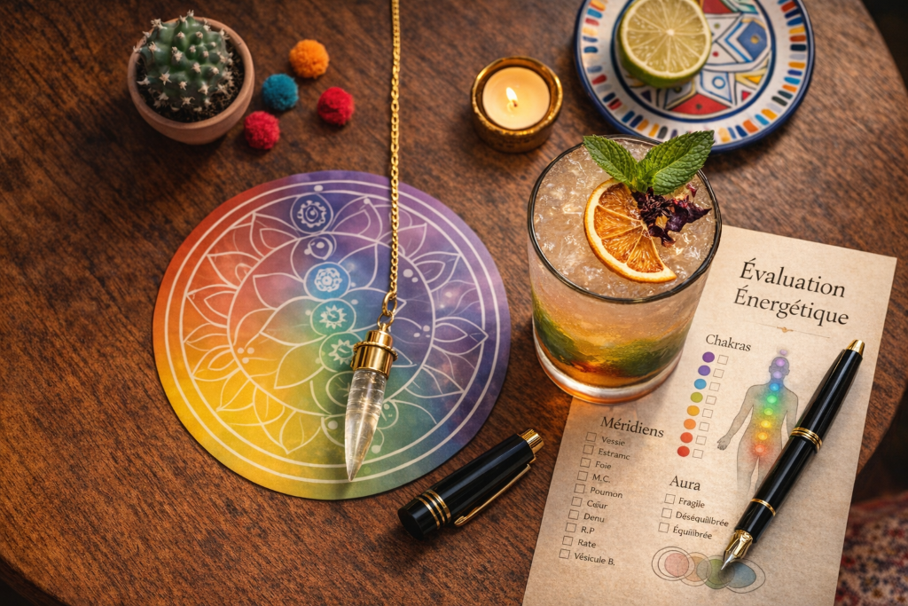Table avec cocktail, pendule et fiche d'évaluation énergétique