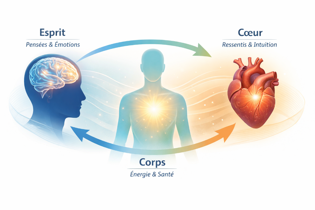 Infographie Esprit-Cœur-Corps : lien entre pensées, émotions, ressentis et énergie