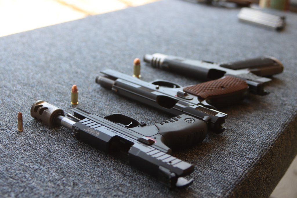 Pistols with ammunition ready for training