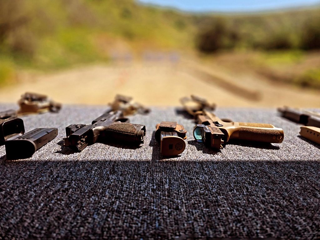 Various handguns on display for training
