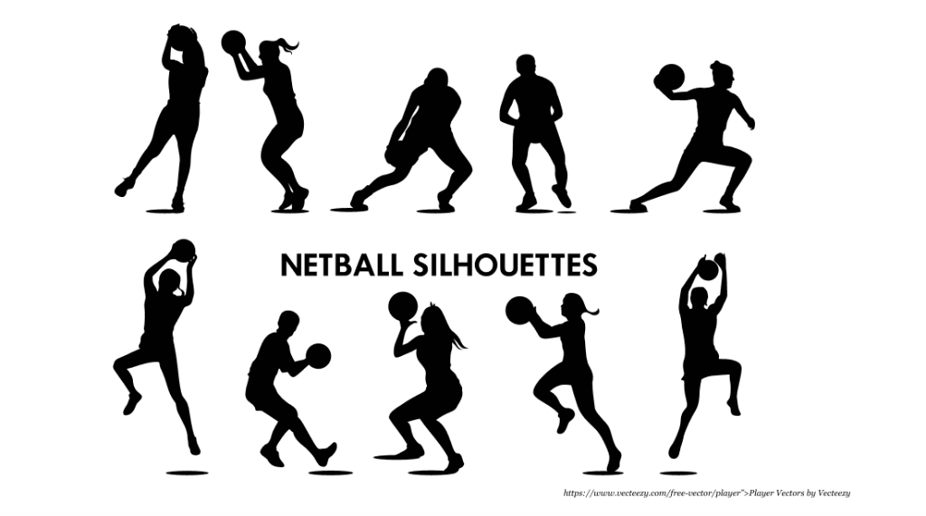 Netball silhouettes showing various positions and movements