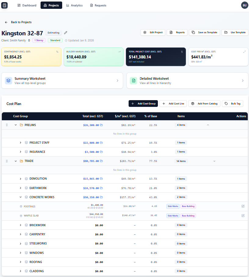 BuildCostIQ cost plan builder