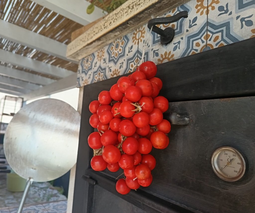 Pizza oven with fresh tomatoes