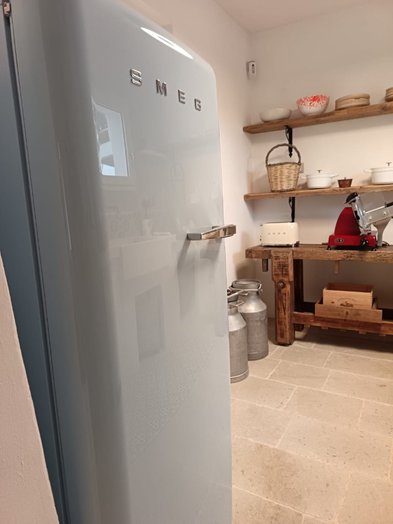 SMEG refrigerator with rustic shelving