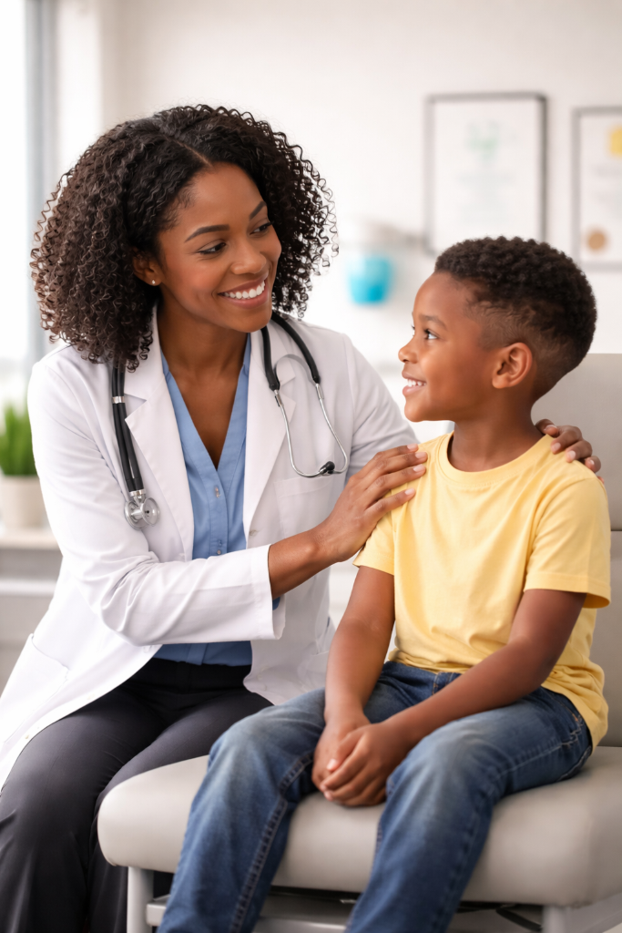 Black female doctor examining black male child patient in clinic