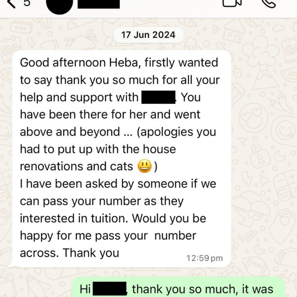 Parent WhatsApp review of GCSE maths tutor in Slough