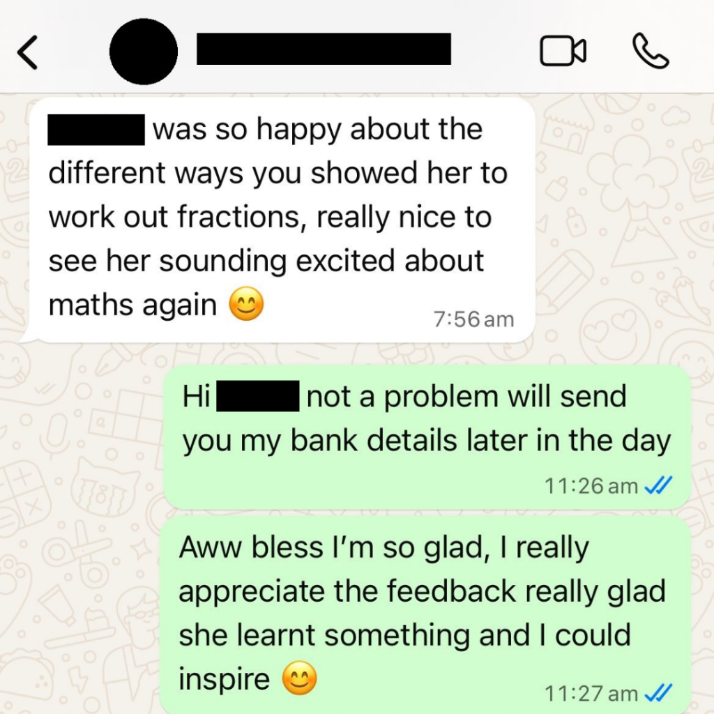 Parent WhatsApp testimonial for maths tuition in Slough