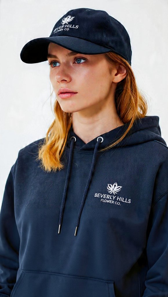 Beverly Hills Flower Company exclusive merchandise — Model wearing branded cap and hoodie
