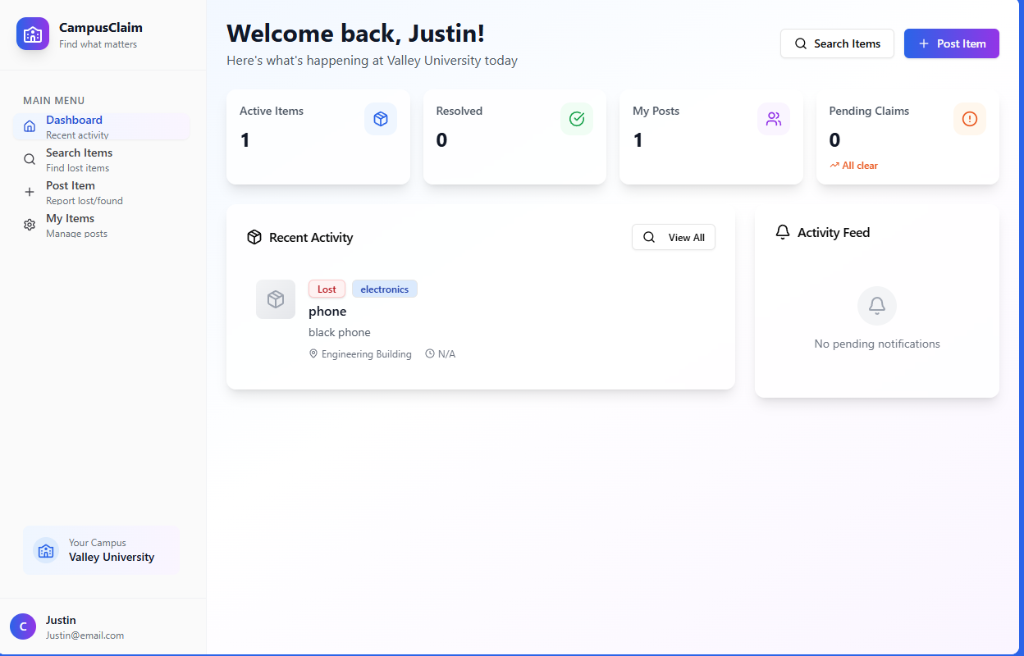 CampusClaim student dashboard showing item search