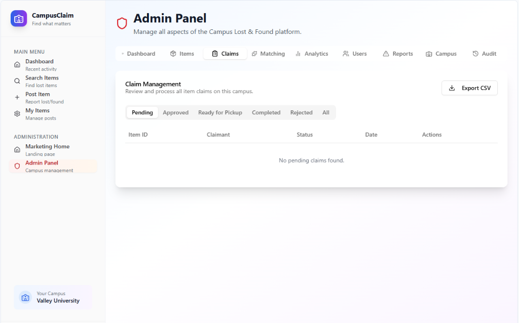 Claims management dashboard