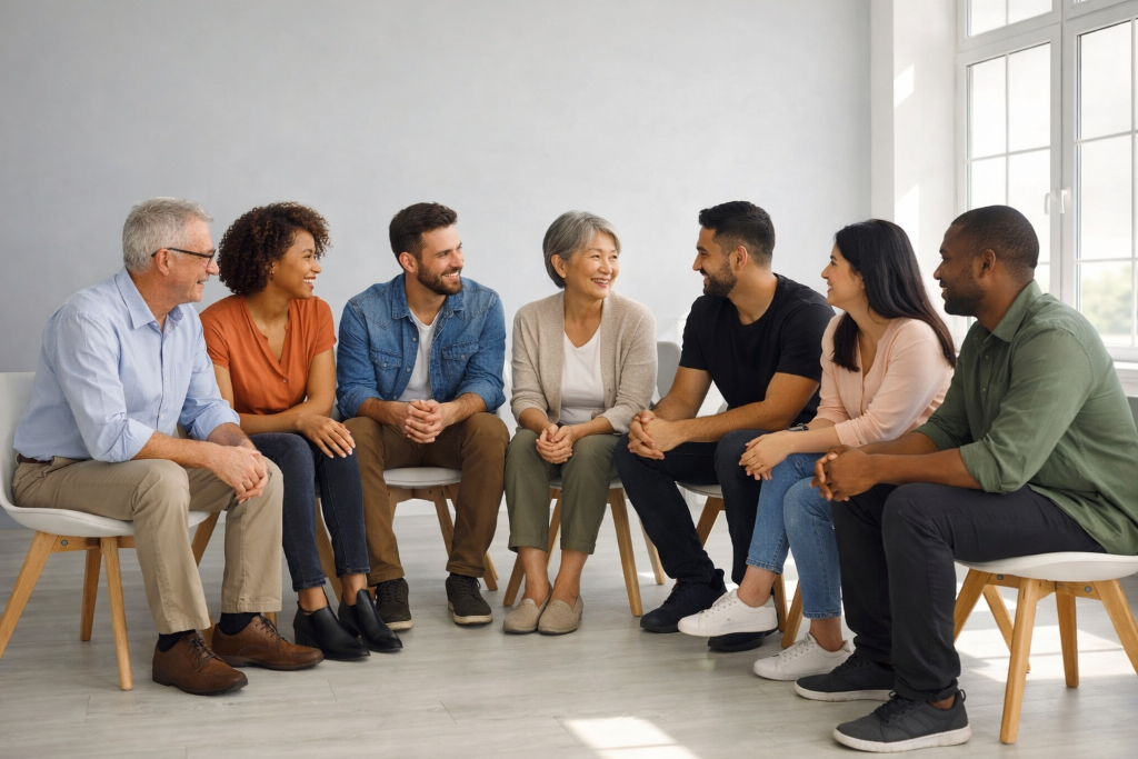 A diverse group of adults seated together in conversation, offering support and connection