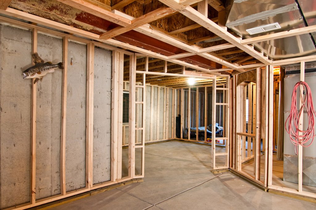 Foundation wall exposed during basement development