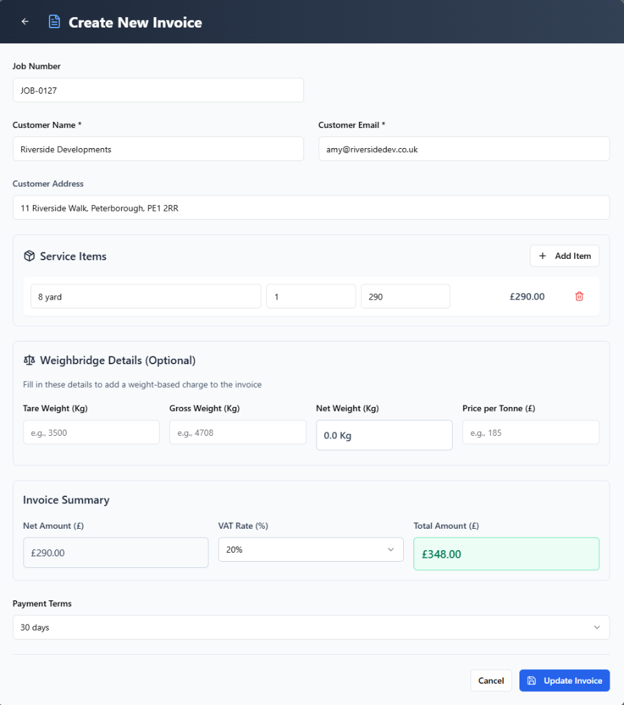 Invoice creation form