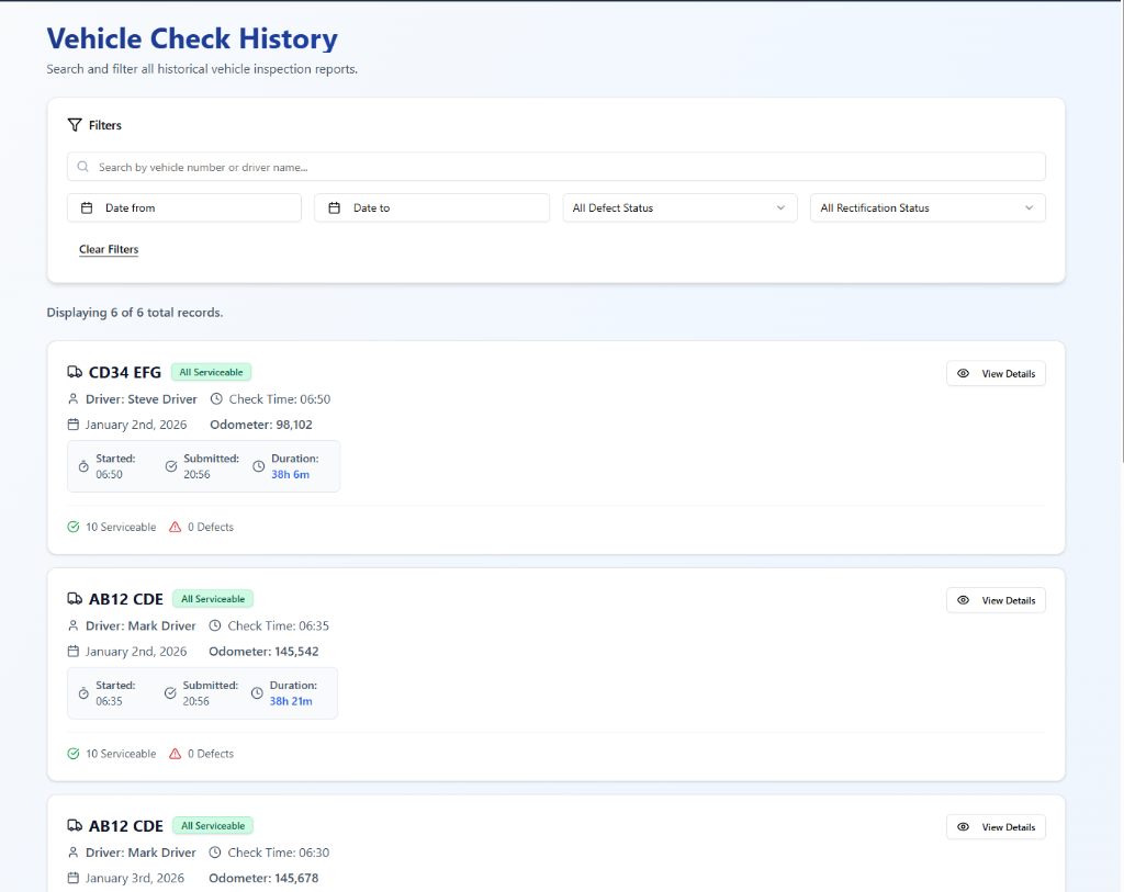Vehicle check history log