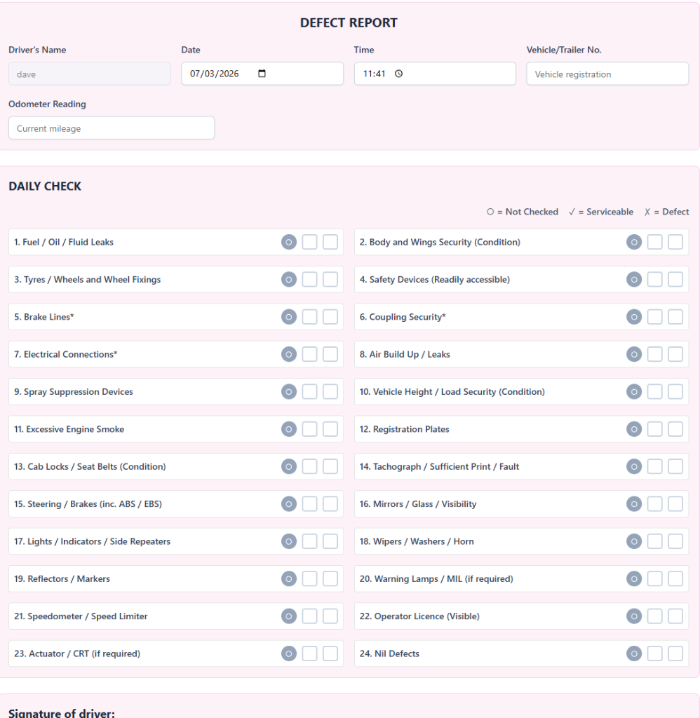 Digital vehicle defect report form