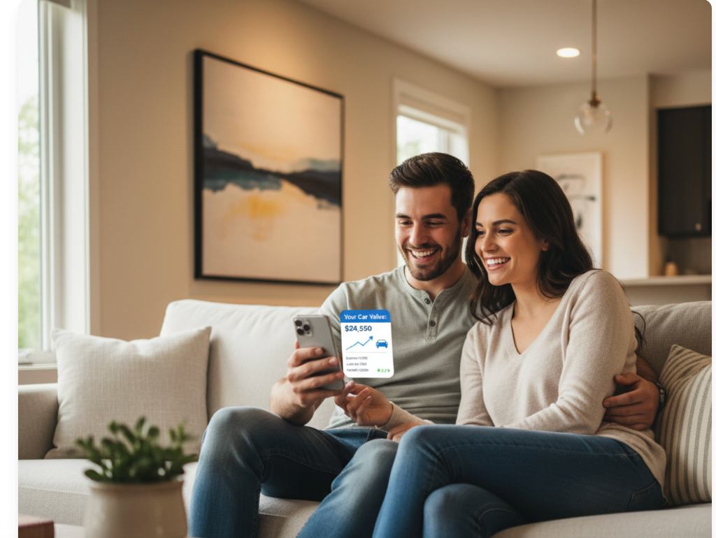 Young couple on couch with phone