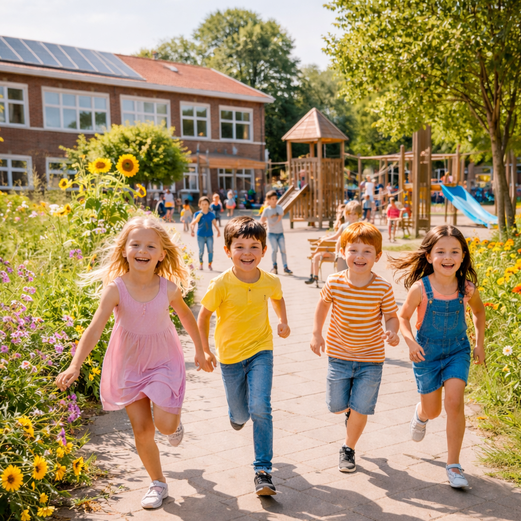 Kinderen op schoolplein met bloemen